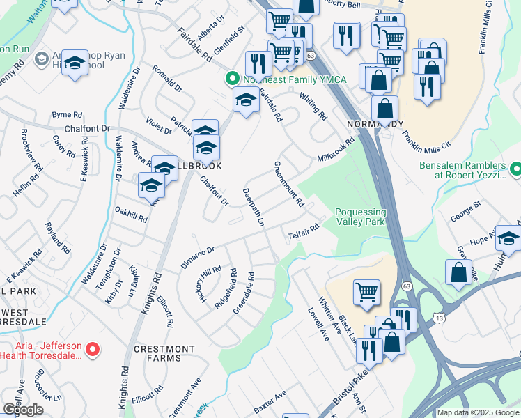 map of restaurants, bars, coffee shops, grocery stores, and more near 4371 Deerpath Lane in Philadelphia