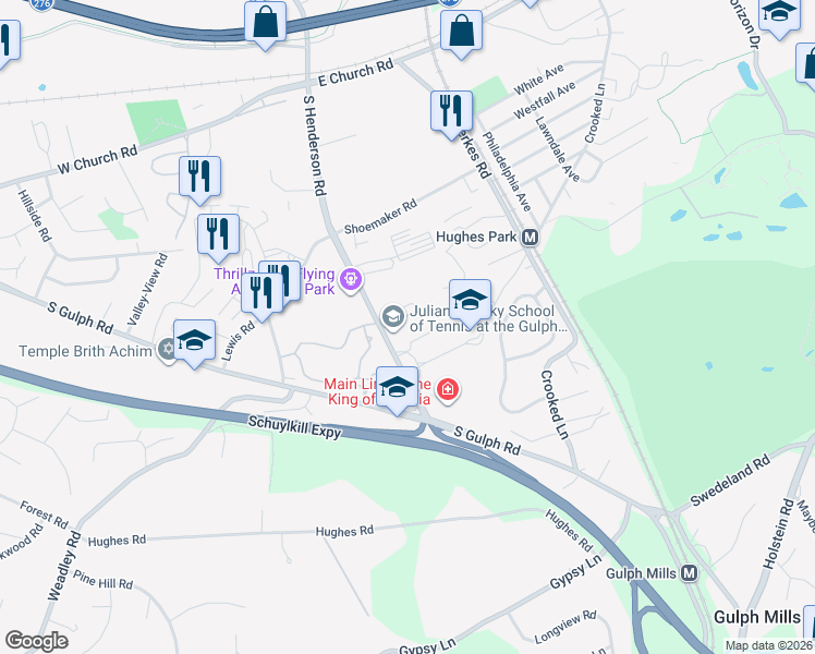 map of restaurants, bars, coffee shops, grocery stores, and more near 610 South Henderson Road in King of Prussia