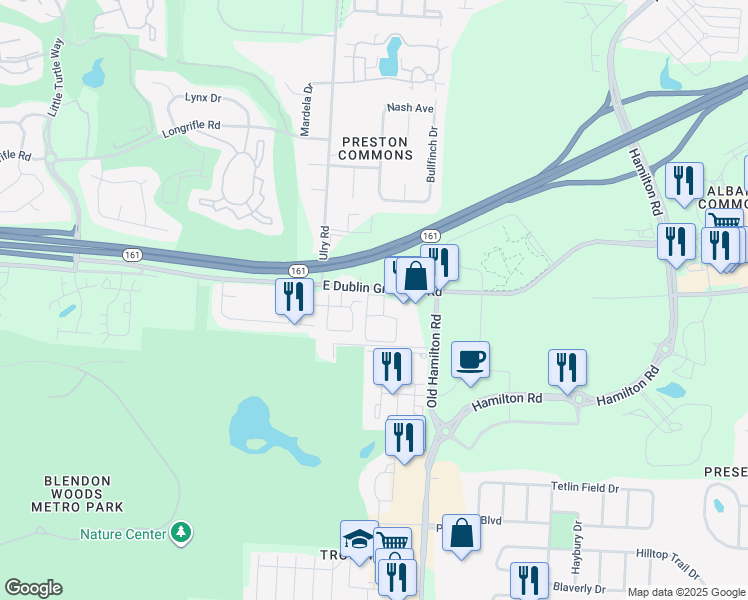 map of restaurants, bars, coffee shops, grocery stores, and more near 5083 Strand Road in Westerville