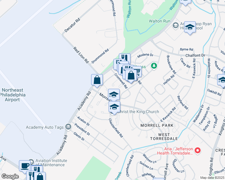 map of restaurants, bars, coffee shops, grocery stores, and more near 3206 Kilburn Road in Philadelphia