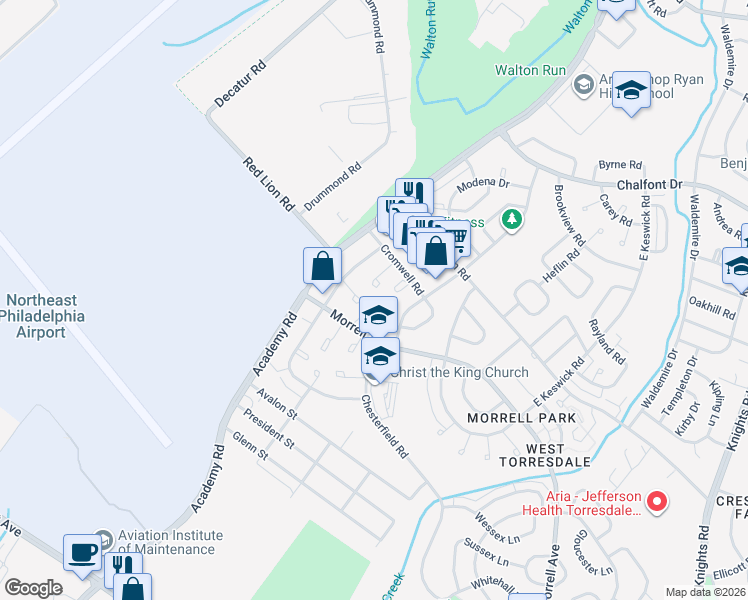 map of restaurants, bars, coffee shops, grocery stores, and more near 3206 Kilburn Road in Philadelphia