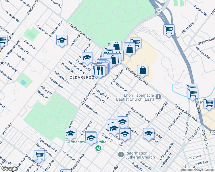 map of restaurants, bars, coffee shops, grocery stores, and more near 1503 East Mount Airy Avenue in Philadelphia