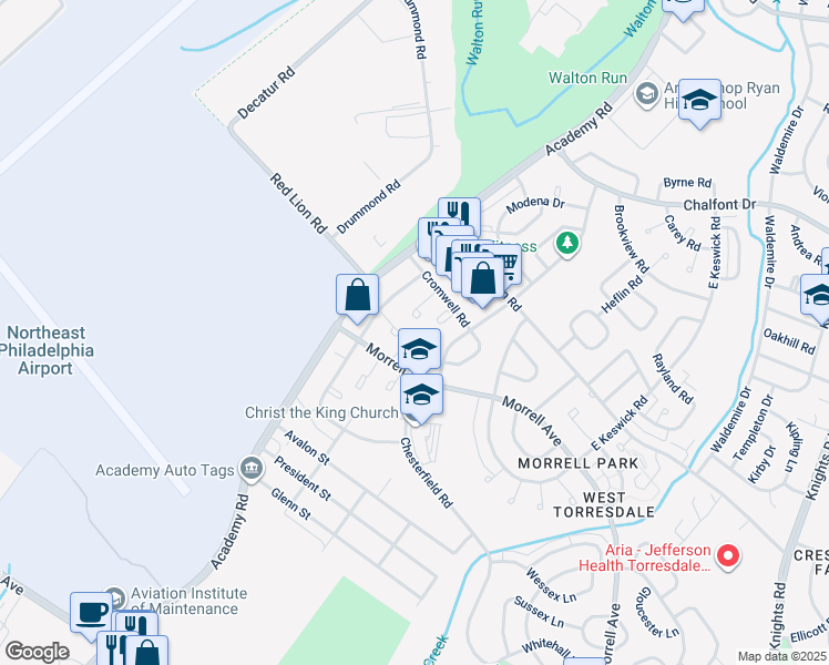 map of restaurants, bars, coffee shops, grocery stores, and more near 3206 Kilburn Road in Philadelphia