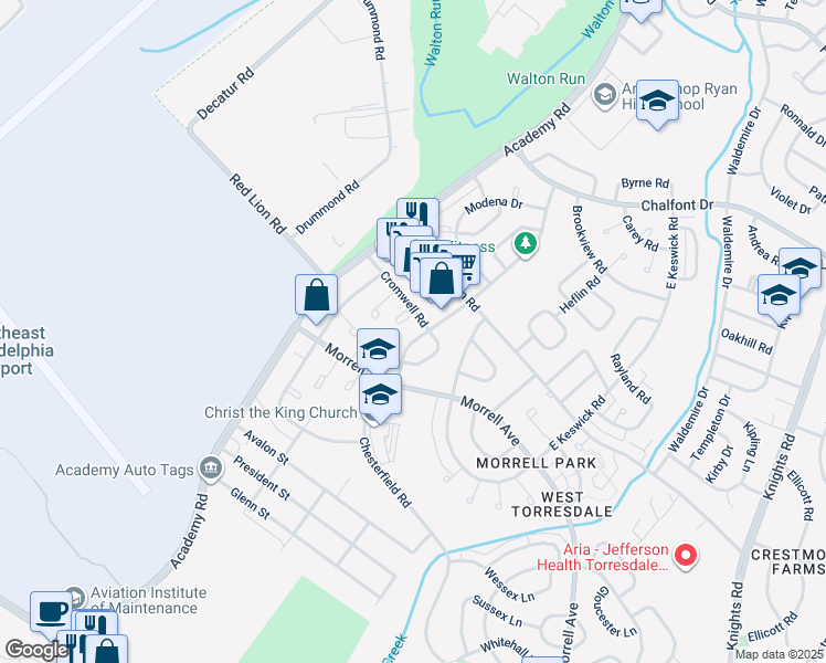 map of restaurants, bars, coffee shops, grocery stores, and more near 10226 Calera Road in Philadelphia