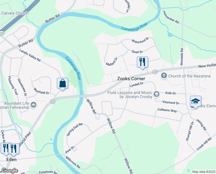 map of restaurants, bars, coffee shops, grocery stores, and more near 2063 New Holland Pike in Lancaster