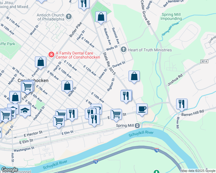map of restaurants, bars, coffee shops, grocery stores, and more near 445 East 12th Avenue in Conshohocken