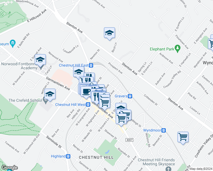 map of restaurants, bars, coffee shops, grocery stores, and more near 255 East Evergreen Avenue in Philadelphia