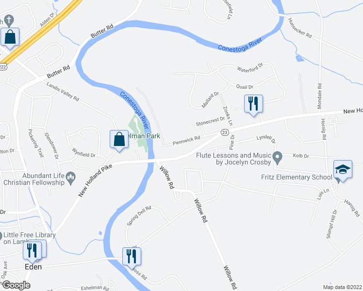 map of restaurants, bars, coffee shops, grocery stores, and more near 2012 Pennwick Road in Lancaster