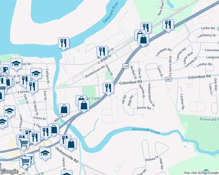 map of restaurants, bars, coffee shops, grocery stores, and more near 875 U.S. 130 in Burlington