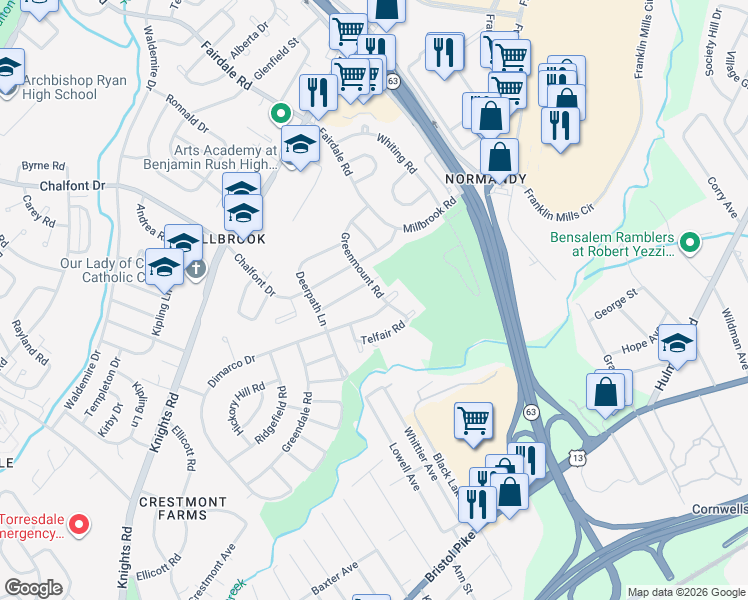 map of restaurants, bars, coffee shops, grocery stores, and more near 11737 Denman Road in Philadelphia