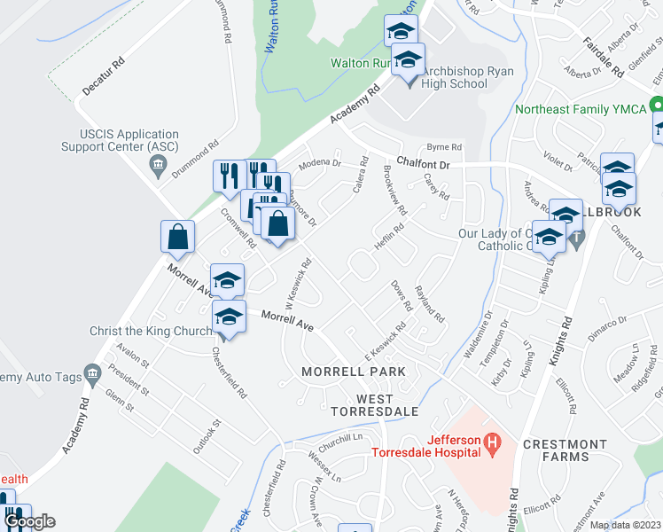 map of restaurants, bars, coffee shops, grocery stores, and more near 3308 Red Lion Road in Philadelphia