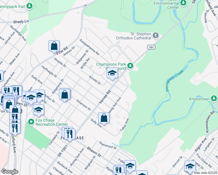 map of restaurants, bars, coffee shops, grocery stores, and more near 8418 Verree Road in Philadelphia