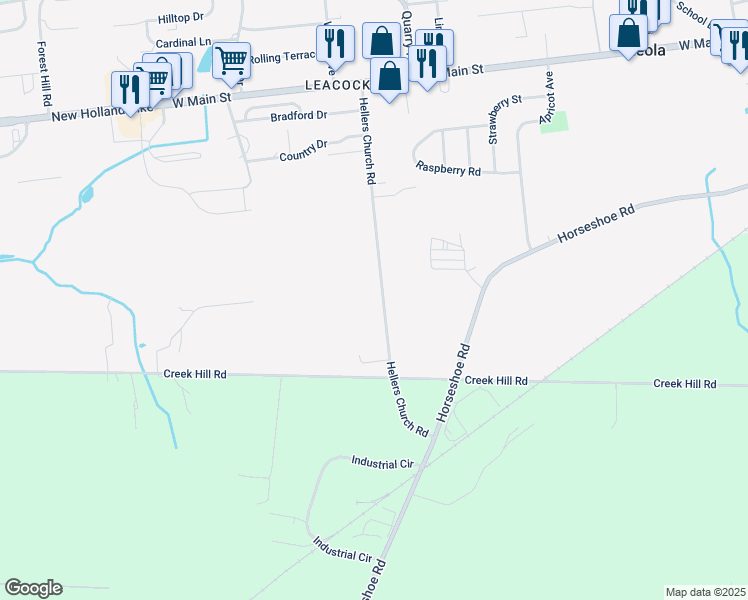 map of restaurants, bars, coffee shops, grocery stores, and more near 80 Hellers Church Road in Leola