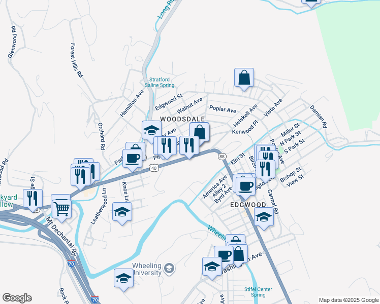 map of restaurants, bars, coffee shops, grocery stores, and more near 983 National Road in Wheeling