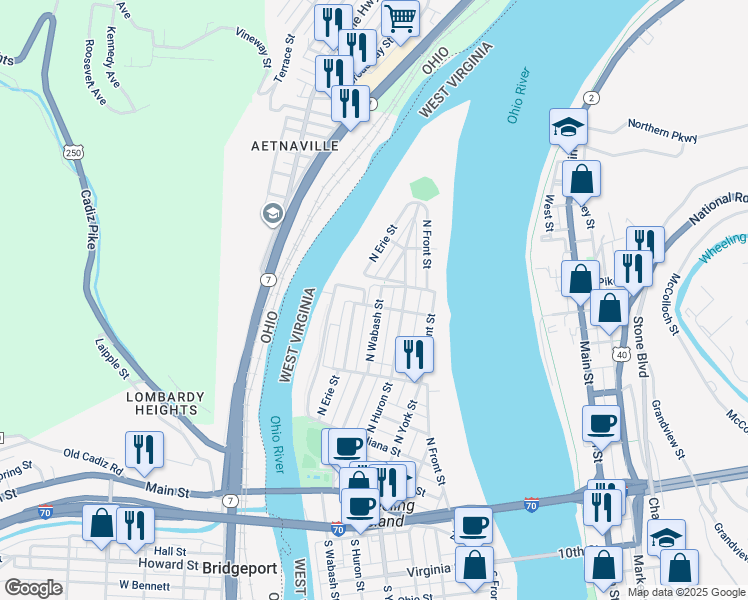 map of restaurants, bars, coffee shops, grocery stores, and more near 501 North Wabash Street in Wheeling
