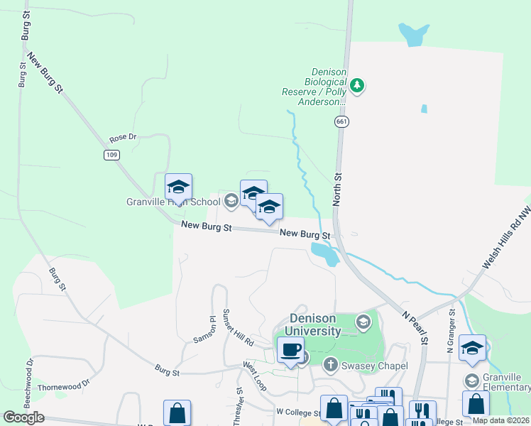 map of restaurants, bars, coffee shops, grocery stores, and more near 210 New Burg Street in Granville