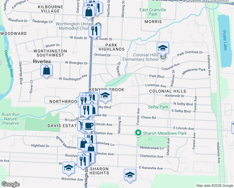 map of restaurants, bars, coffee shops, grocery stores, and more near 110 Kenyon Brook Drive in Worthington