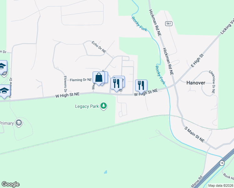 map of restaurants, bars, coffee shops, grocery stores, and more near 2255 W High Street Northeast in Newark