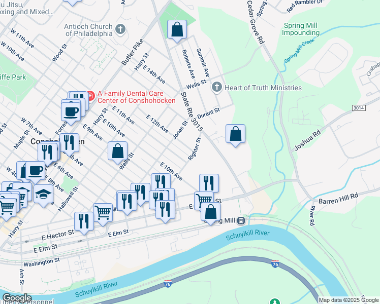 map of restaurants, bars, coffee shops, grocery stores, and more near 445 East 12th Avenue in Conshohocken