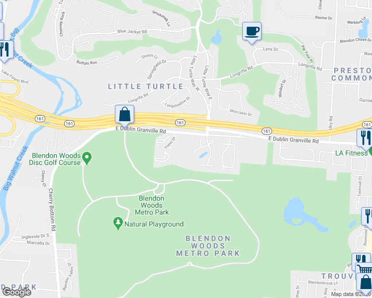 map of restaurants, bars, coffee shops, grocery stores, and more near 5026 Pine Creek Drive in Westerville