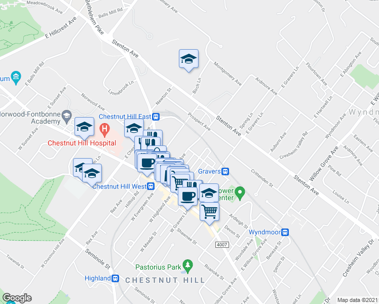 map of restaurants, bars, coffee shops, grocery stores, and more near 252 East Evergreen Avenue in Philadelphia