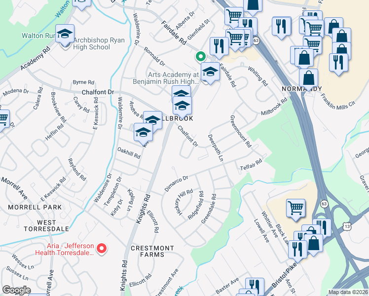 map of restaurants, bars, coffee shops, grocery stores, and more near 11103 Dora Drive in Philadelphia
