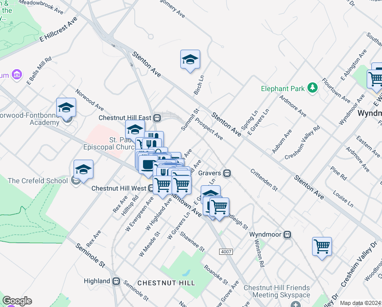 map of restaurants, bars, coffee shops, grocery stores, and more near 252 East Evergreen Avenue in Philadelphia