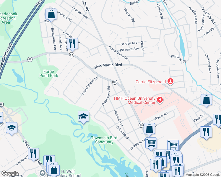map of restaurants, bars, coffee shops, grocery stores, and more near 1554 Forge Pond Road in Brick Township