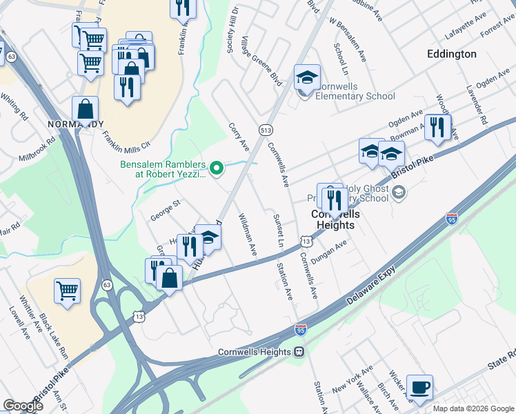 map of restaurants, bars, coffee shops, grocery stores, and more near 1138 Sunset Lane in Bensalem