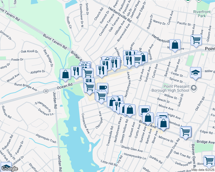 map of restaurants, bars, coffee shops, grocery stores, and more near 3145 Pocahontas Avenue in Point Pleasant