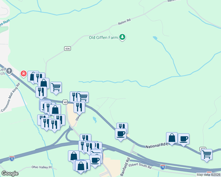 map of restaurants, bars, coffee shops, grocery stores, and more near 51265 Burrwood Drive in St. Clairsville