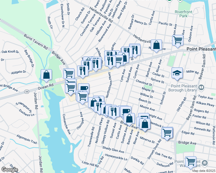 map of restaurants, bars, coffee shops, grocery stores, and more near 1009 Northstream Parkway in Point Pleasant