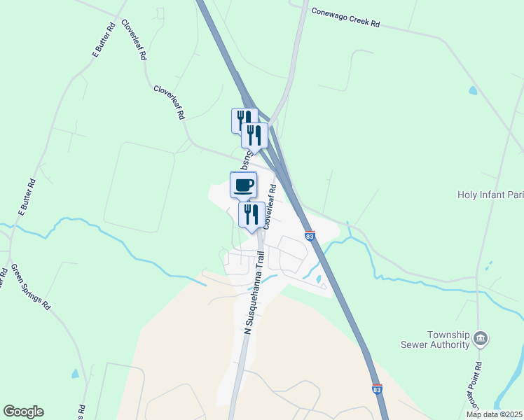 map of restaurants, bars, coffee shops, grocery stores, and more near 30 Cloverleaf Road in York