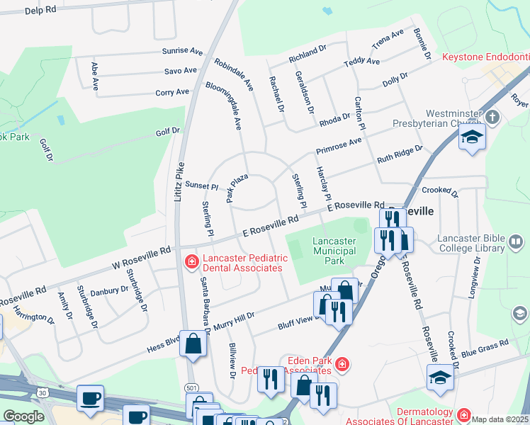 map of restaurants, bars, coffee shops, grocery stores, and more near 1986 Park Plaza in Lancaster