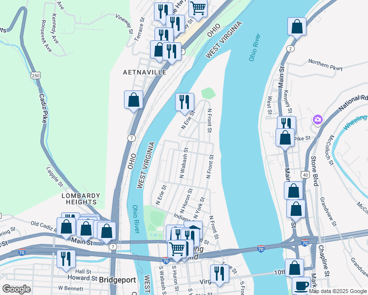 map of restaurants, bars, coffee shops, grocery stores, and more near 501 North Wabash Street in Wheeling