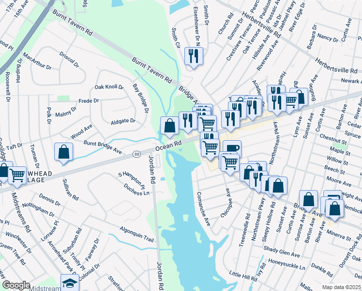 map of restaurants, bars, coffee shops, grocery stores, and more near 3230 New Jersey 88 in Point Pleasant