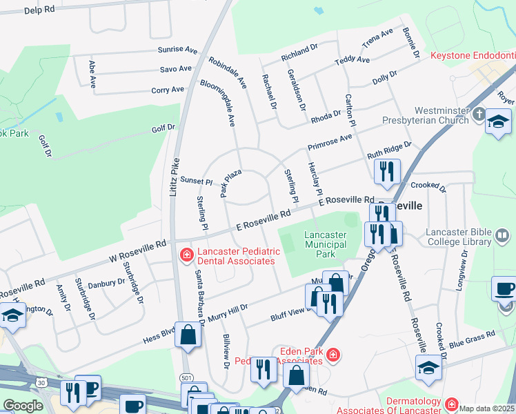 map of restaurants, bars, coffee shops, grocery stores, and more near 1986 Park Plaza in Lancaster