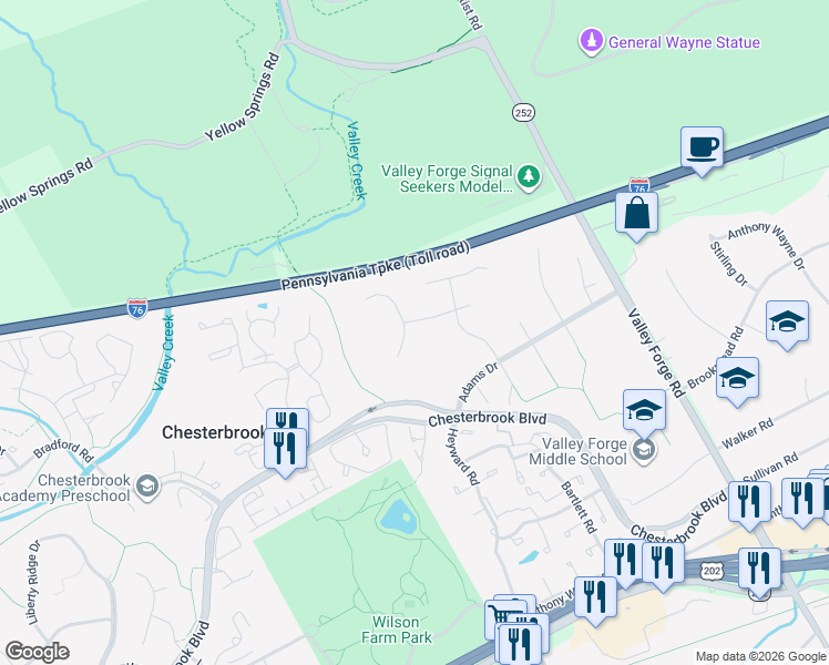 map of restaurants, bars, coffee shops, grocery stores, and more near 290 Musket Lane in Chesterbrook