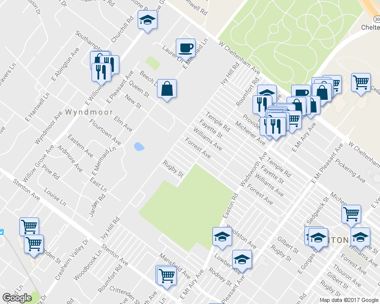 map of restaurants, bars, coffee shops, grocery stores, and more near 8625 Thouron Avenue in Philadelphia