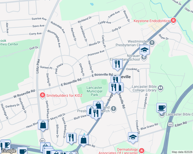 map of restaurants, bars, coffee shops, grocery stores, and more near 326 E Roseville Rd in Lancaster