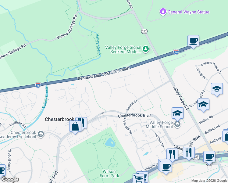 map of restaurants, bars, coffee shops, grocery stores, and more near 290 Musket Lane in Chesterbrook