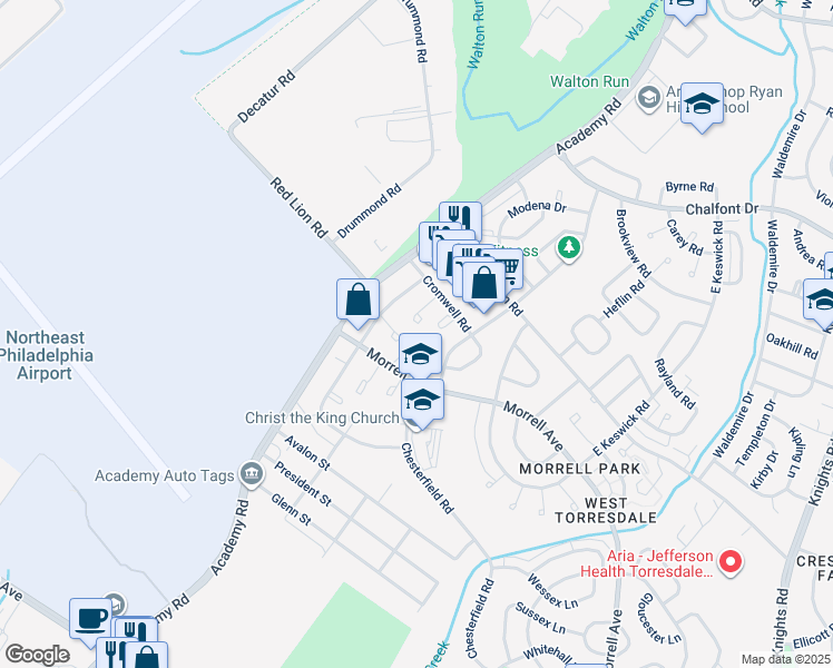 map of restaurants, bars, coffee shops, grocery stores, and more near 3202 Kilburn Road in Philadelphia