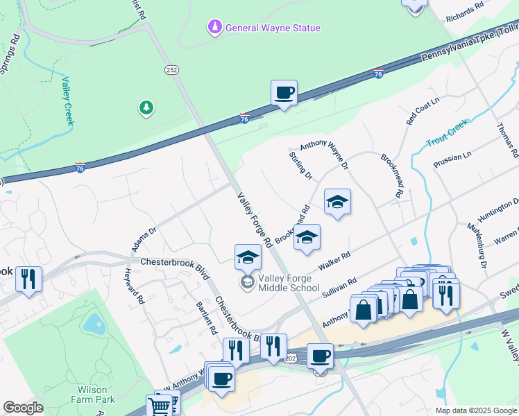 map of restaurants, bars, coffee shops, grocery stores, and more near 1435 Valley Forge Road in Wayne