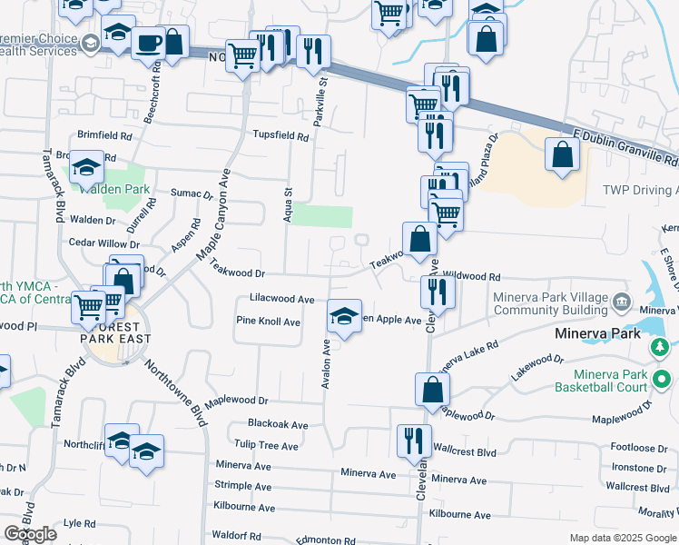 map of restaurants, bars, coffee shops, grocery stores, and more near 2286 Teakwood Drive in Columbus