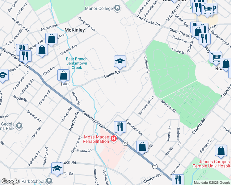 map of restaurants, bars, coffee shops, grocery stores, and more near 551 Oak Shade Avenue in Elkins Park