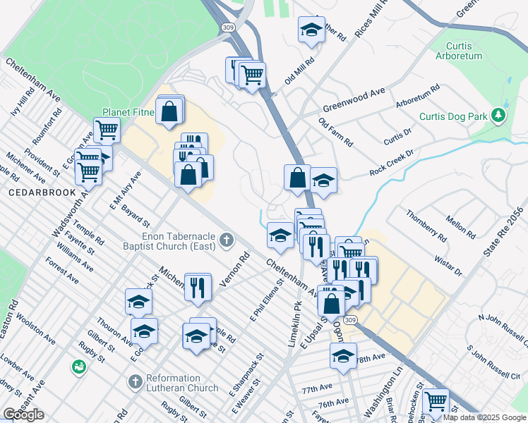 map of restaurants, bars, coffee shops, grocery stores, and more near in Wyncote
