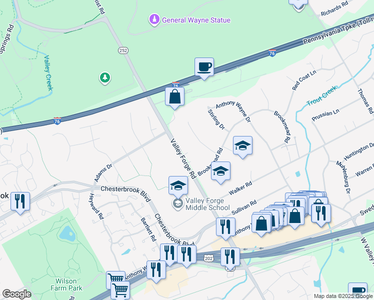 map of restaurants, bars, coffee shops, grocery stores, and more near 1435 Valley Forge Road in Wayne