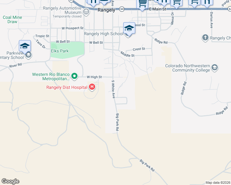 map of restaurants, bars, coffee shops, grocery stores, and more near 805 Pinyon Court in Rangely