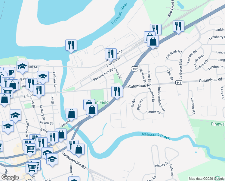 map of restaurants, bars, coffee shops, grocery stores, and more near 875 U.S. 130 in Burlington