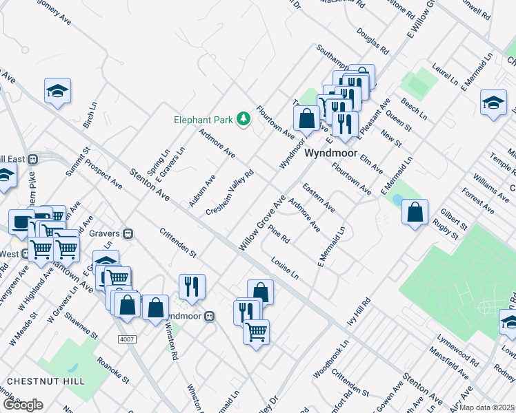 map of restaurants, bars, coffee shops, grocery stores, and more near 518 Wyndmoor Avenue in Wyndmoor
